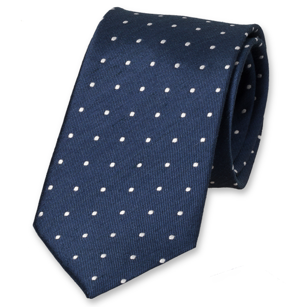 Dunkelblau/ Weiß gepunktete Krawatte aus Leinen  (1)