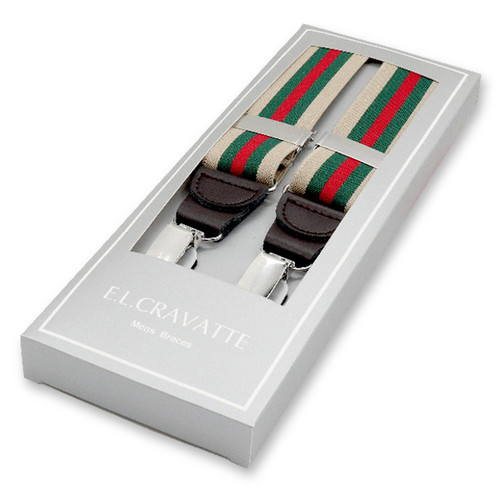 Beige - Dunkelgrün gestreifte Hosenträger   (1)