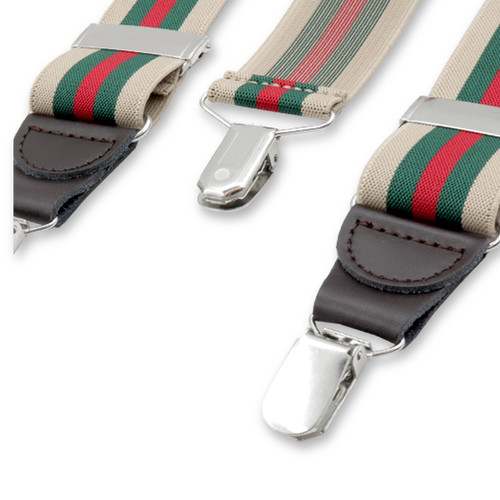 Beige - Dunkelgrün gestreifte Hosenträger   (2)