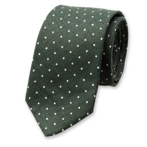 Dunkelgrün/ Weiß gepunktete Krawatte aus Leinen  (1)